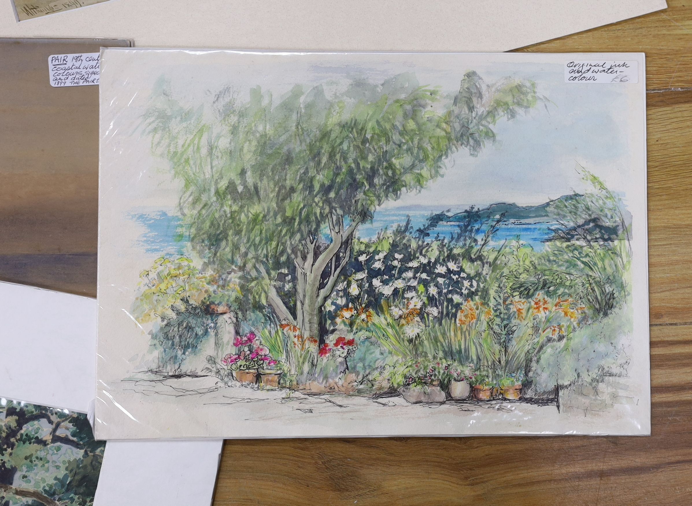 A collection of assorted unframed watercolours, all mounted with retail labels including W. Philips, Grainger Smith, Dampier Freeman, and George Horobin, with a small group of minor framed pictures